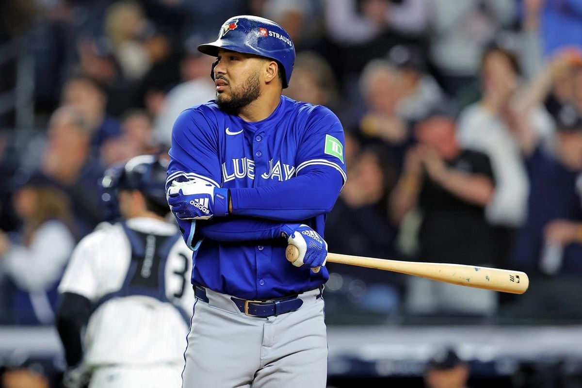 Oct 8, 2025; Bronx, New York, USA; Toronto Blue Jays right fielder Anthony Santander (25) reacts to striking out to end the fourth inning against the New York Yankees during game four of the ALDS round for the 2025 MLB playoffs at Yankee Stadium. Mandatory Credit: Brad Penner-Imagn Images
