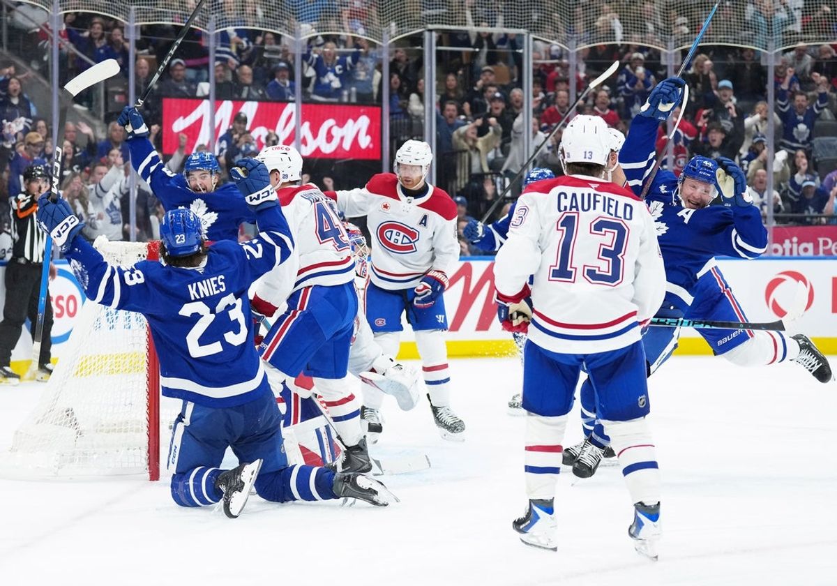 Oct 8, 2025; Toronto, Ontario, CAN; Toronto Maple Leafs defenseman Morgan Rielly (44) celebrates after scoring goal against the Montreal Canadiens during the third period at Scotiabank Arena. Mandatory Credit: Nick Turchiaro-Imagn Images
