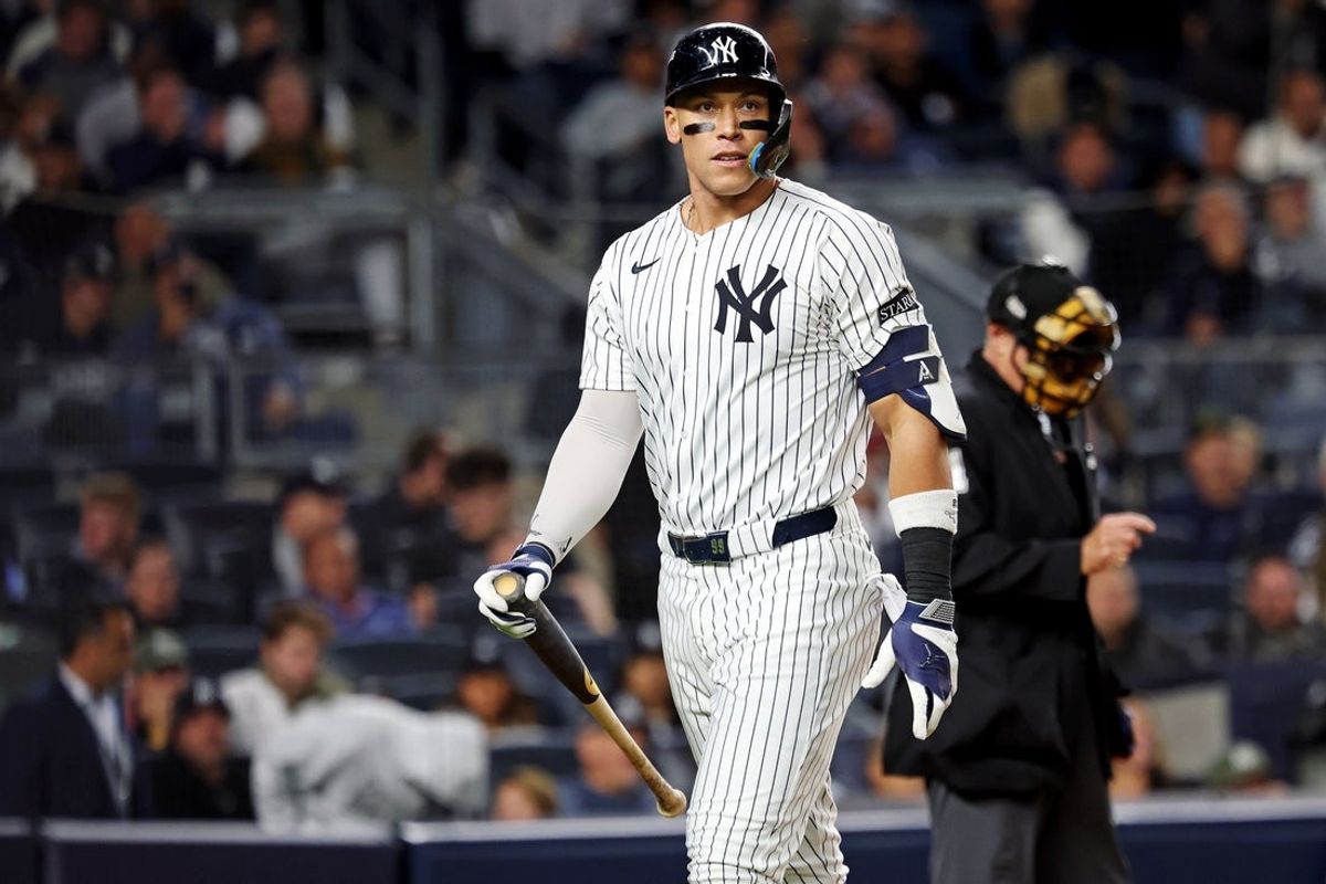 Oct 8, 2025; Bronx, New York, USA; New York Yankees right fielder Aaron Judge (99) reacts to striking during the eighth inning against the Toronto Blue Jays during game four of the ALDS round for the 2025 MLB playoffs at Yankee Stadium. Mandatory Credit: Brad Penner-Imagn Images