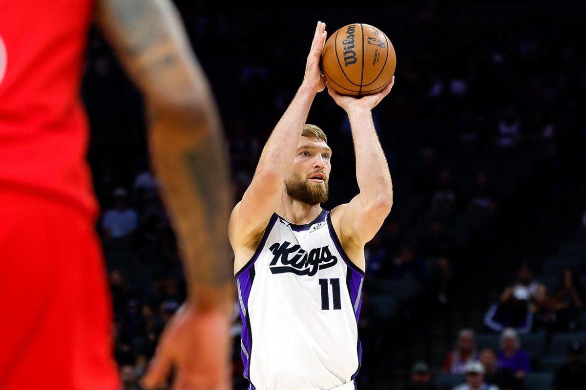 Oct 8, 2025; Sacramento, California, USA; Sacramento Kings forward/center Domantas Sabonis (11) shoots the ball during the first quarter against the Toronto Raptors at Golden 1 Center. Mandatory Credit: Sergio Estrada-Imagn Images
