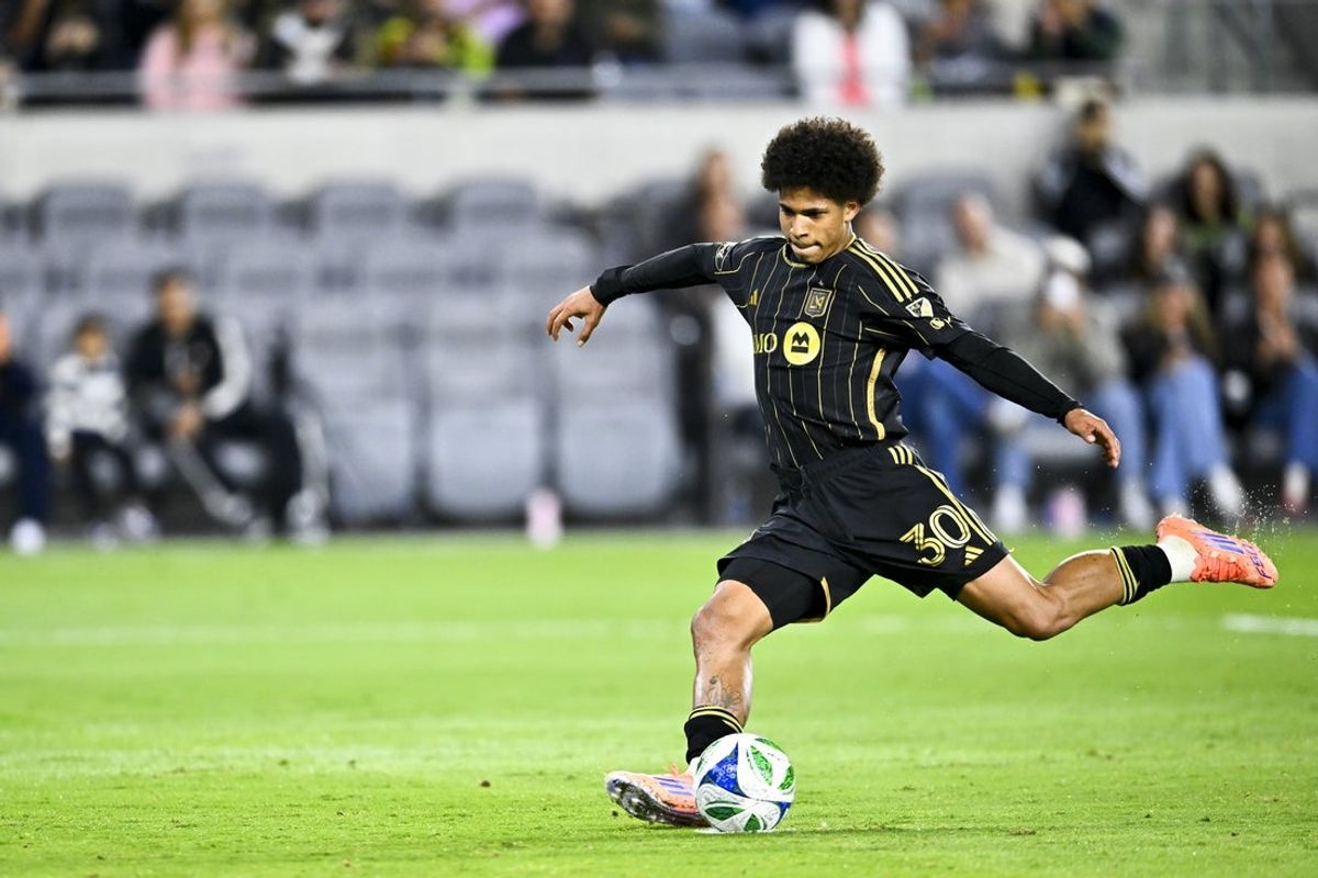Oct 8, 2025; Los Angeles, California, USA; Los Angeles FC forward David Martínez (30) shoots a penalty kick during the second half against Toronto FC at BMO Stadium. Mandatory Credit: Kelvin Kuo-Imagn Images
