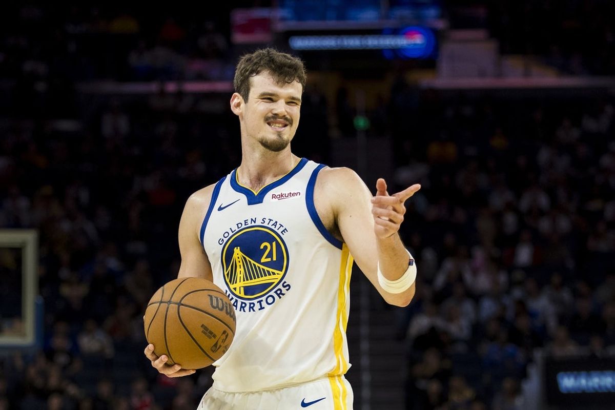 Oct 8, 2025; San Francisco, California, USA;  Golden State Warriors center Quinten Post (21) reacts after hitting a three-point shot against the Portland Trail Blazers during the fourth quarter at Chase Center. Mandatory Credit: John Hefti-Imagn Images