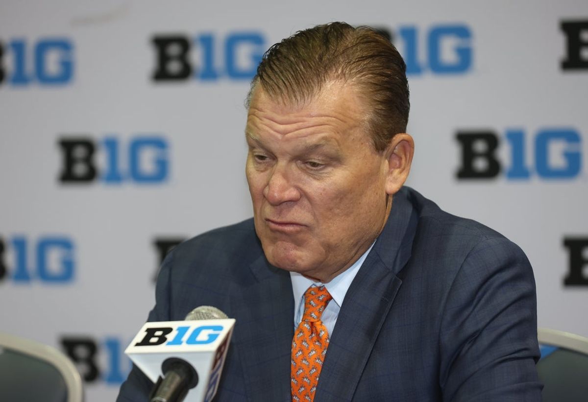 Oct 9, 2025; Rosemont, IL, USA; Illinois Head Coach Brad Underwood speaks during Big Ten Men’s Basketball Media Days at the Donald E. Stephens Convention Center. Mandatory Credit: Talia Sprague-Imagn Images