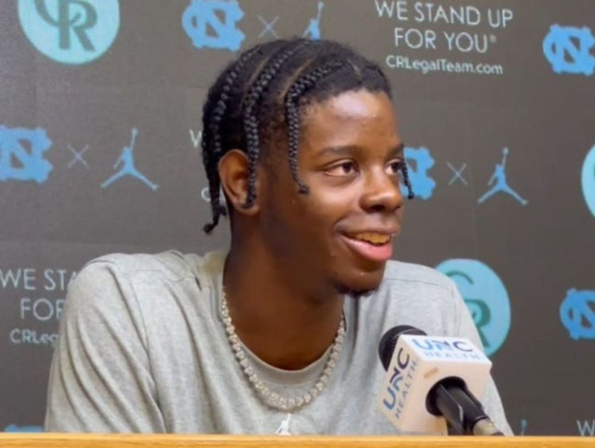 UNC basketball freshman Caleb Wilson during a press conference on Oct. 9, 2025, inside the Smith Center media room.