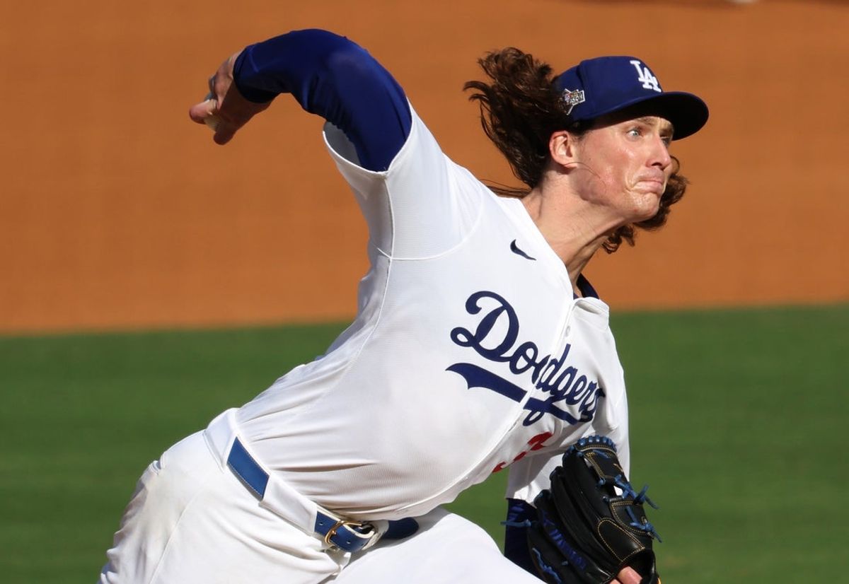 Oct 9, 2025; Los Angeles, California, USA; Los Angeles Dodgers pitcher Tyler Glasnow (31) throws in the third inning against the Philadelphia Phillies during game four of the NLDS round for the 2025 MLB playoffs at Dodger Stadium. Mandatory Credit: Kiyoshi Mio-Imagn Images