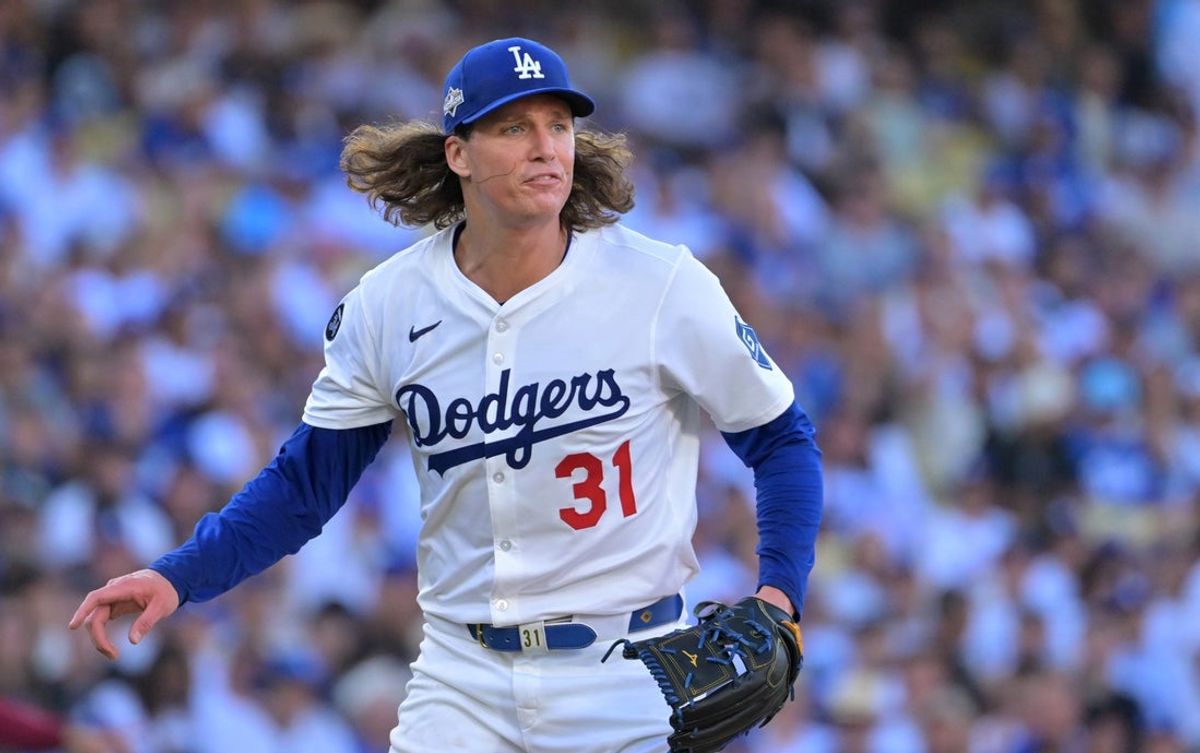 Oct 9, 2025; Los Angeles, California, USA; Los Angeles Dodgers pitcher Tyler Glasnow (31) reacts to a call in the fifth inning against the Philadelphia Phillies during game four of the NLDS round for the 2025 MLB playoffs at Dodger Stadium. Mandatory Credit: Jayne Kamin-Oncea-Imagn Images