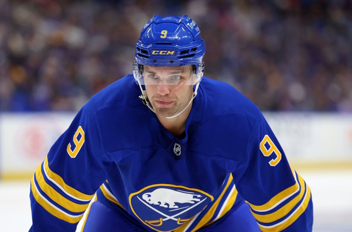 Oct 9, 2025; Buffalo, New York, USA;  Buffalo Sabres center Josh Norris (9) waits for the face-off during the first period against the New York Rangers at KeyBank Center. Mandatory Credit: Timothy T. Ludwig-Imagn Images