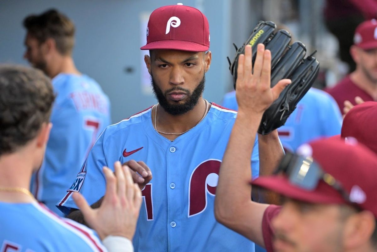 Oct 9, 2025; Los Angeles, California, USA; Philadelphia Phillies pitcher Cristopher Sanchez (61) reacts after the sixth inning against the Los Angeles Dodgers during game four of the NLDS round for the 2025 MLB playoffs at Dodger Stadium. Mandatory Credit: Jayne Kamin-Oncea-Imagn Images