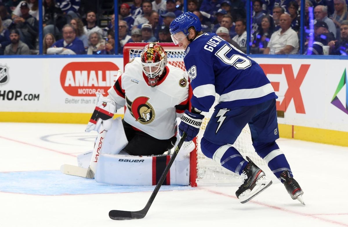 Oct 9, 2025; Tampa, Florida, USA;Tampa Bay Lightning center Jake Guentzel (59) shoots on Ottawa Senators goaltender Linus Ullmark (35)  during the first period at Benchmark International Arena. Mandatory Credit: Kim Klement Neitzel-Imagn Images