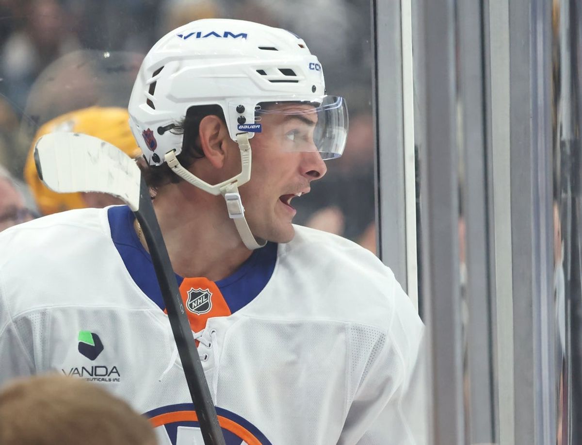 Oct 9, 2025; Pittsburgh, Pennsylvania, USA;  New York Islanders center Mathew Barzal (13) reacts in the penalty box after being called for an infraction against the Pittsburgh Penguins during the second period at PPG Paints Arena. Mandatory Credit: Charles LeClaire-Imagn Images