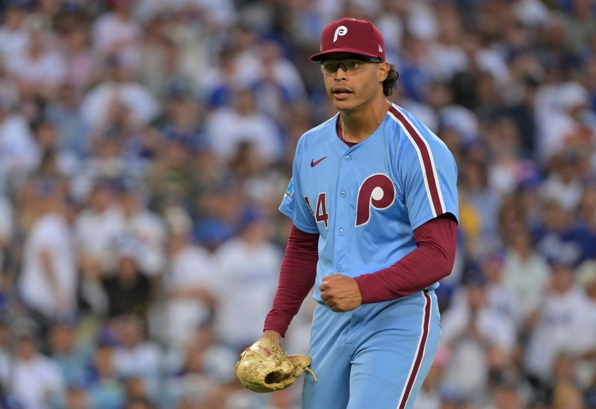 Oct 9, 2025; Los Angeles, California, USA; Philadelphia Phillies pitcher Jesus Luzardo (44) reacts after the tenth inning against the Los Angeles Dodgers during game four of the NLDS round for the 2025 MLB playoffs at Dodger Stadium. Mandatory Credit: Jayne Kamin-Oncea-Imagn Images