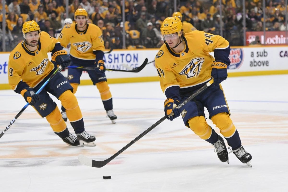 Oct 9, 2025; Nashville, Tennessee, USA; Nashville Predators center Brady Martin (44) skates with the puck against the Columbus Blue Jackets during the second period at Bridgestone Arena. Mandatory Credit: Steve Roberts-Imagn Images