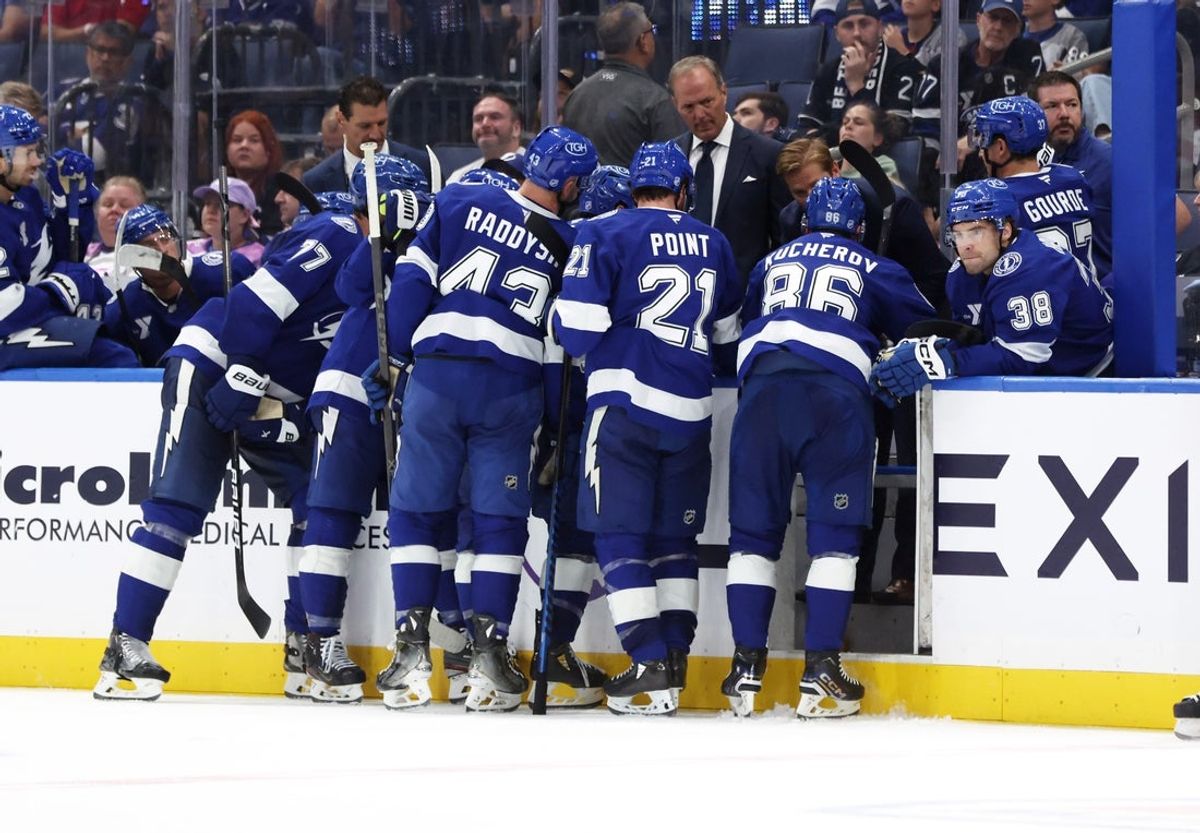 Oct 9, 2025; Tampa, Florida, USA; Tampa Bay Lightning head coach Jon Cooper talks to the team against the Ottawa Senators during the third period at Benchmark International Arena. Mandatory Credit: Kim Klement Neitzel-Imagn Images