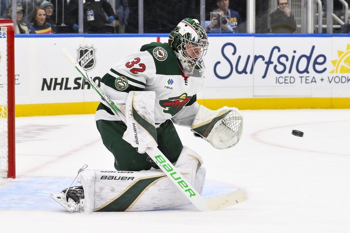 Oct 9, 2025; St. Louis, Missouri, USA; Minnesota Wild goaltender Filip Gustavsson (32) defends the net against the St. Louis Blues during the second period at Enterprise Center. Mandatory Credit: Jeff Curry-Imagn Images