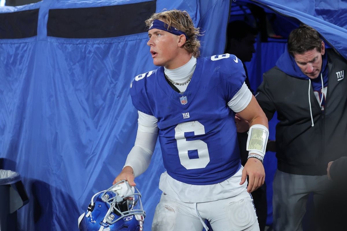 Oct 9, 2025; East Rutherford, New Jersey, USA; New York Giants quarterback Jaxson Dart (6) leaves the injury tent during the third quarter of the game against the Philadelphia Eagles at MetLife Stadium. Mandatory Credit: Brad Penner-Imagn Images