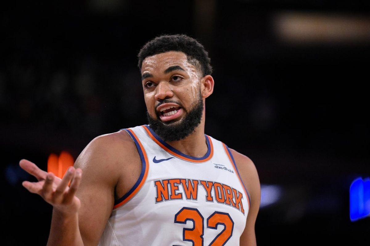 Oct 9, 2025; New York, New York, USA; New York Knicks center/forward Karl-Anthony Towns (32) reacts during the first half against the Minnesota Timberwolves at Madison Square Garden. Mandatory Credit: John Jones-Imagn Images