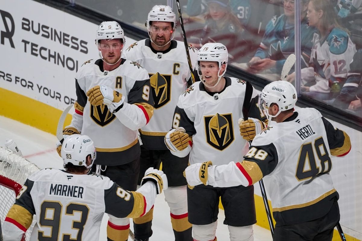 Oct 9, 2025; San Jose, California, USA; Vegas Golden Knights right wing Pavel Dorofeyev (16) celebrates with right wing Mitch Marner (93), center Jack Eichel (9), right wing Mark Stone (61) and center Tomas Hertl (48) after scoring a power play goal against the San Jose Sharks during the second period at SAP Center at San Jose. Mandatory Credit: Robert Edwards-Imagn Images