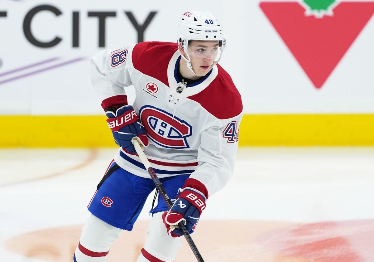 Oct 8, 2025; Toronto, Ontario, CAN; Montreal Canadiens defenseman Lane Hutson (48) skates during the warmup before a game against the Toronto Maple Leafs at Scotiabank Arena. Mandatory Credit: Nick Turchiaro-Imagn Images