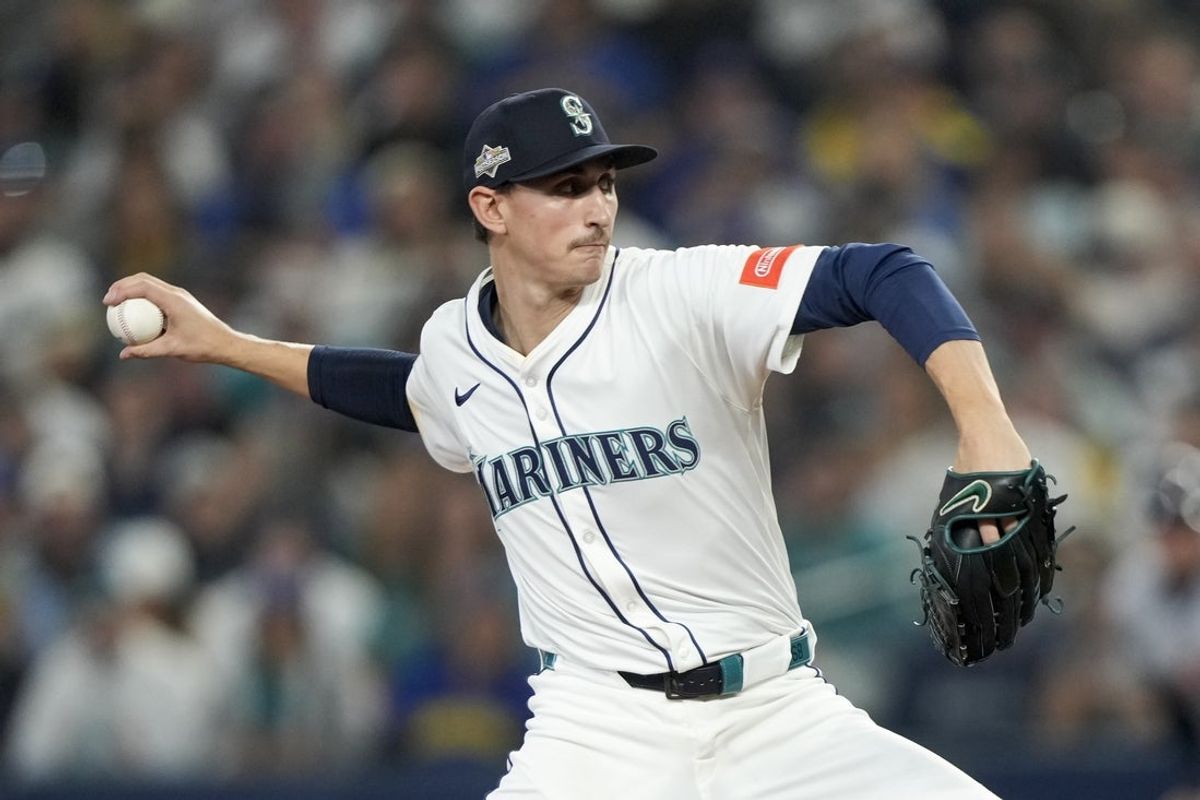 Oct 10, 2025; Seattle, Washington, USA; Seattle Mariners starting pitcher George Kirby (68) throws against the Detroit Tigers during the second inning during game five of the ALDS round for the 2025 MLB playoffs at T-Mobile Park. Mandatory Credit: Stephen Brashear-Imagn Images