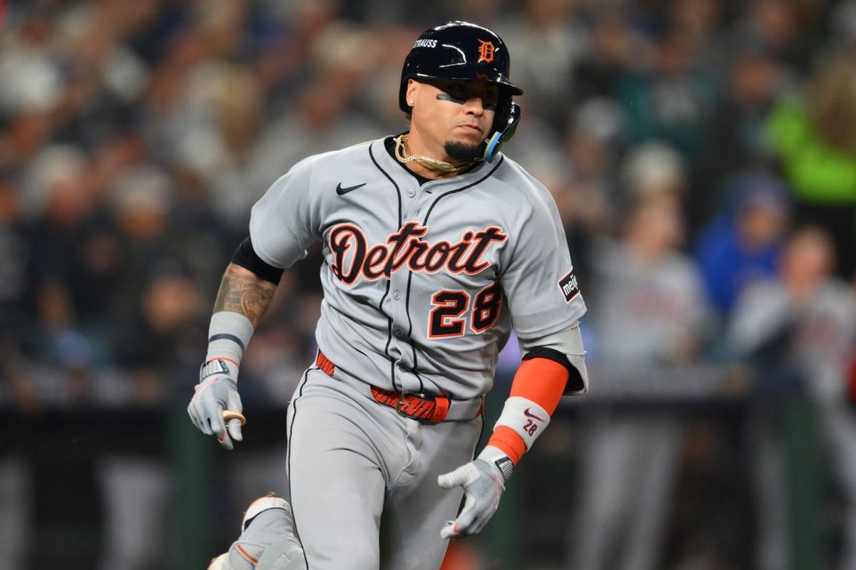Oct 10, 2025; Seattle, Washington, USA; Detroit Tigers shortstop Javier Baez (28) runs on a double against the Seattle Mariners sixth inning during game five of the ALDS round for the 2025 MLB playoffs at T-Mobile Park. Mandatory Credit: Steven Bisig-Imagn Images