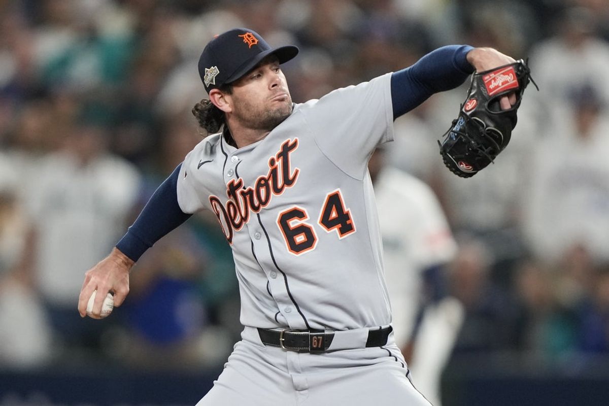 Oct 10, 2025; Seattle, Washington, USA; Detroit Tigers pitcher Kyle Finnegan (64) throws against the Seattle Mariners during the seventh inning during game five of the ALDS round for the 2025 MLB playoffs at T-Mobile Park. Mandatory Credit: Stephen Brashear-Imagn Images