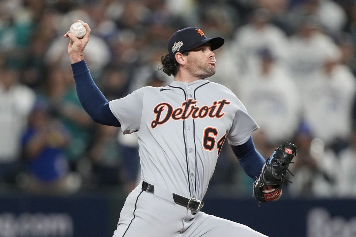 Oct 10, 2025; Seattle, Washington, USA; Detroit Tigers pitcher Kyle Finnegan (64) throws against the Seattle Mariners during the seventh inning during game five of the ALDS round for the 2025 MLB playoffs at T-Mobile Park. Mandatory Credit: Stephen Brashear-Imagn Images