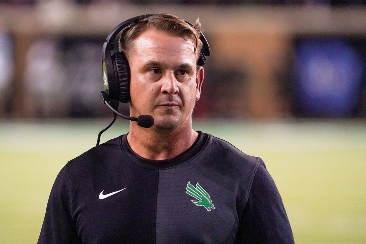 Oct 10, 2025; Denton, Texas, USA; North Texas Mean Green head coach Eric Morris stands on the sidelines against the South Florida Bulls during the second half of a game at DATCU Stadium. Mandatory Credit: Raymond Carlin III-Imagn Images