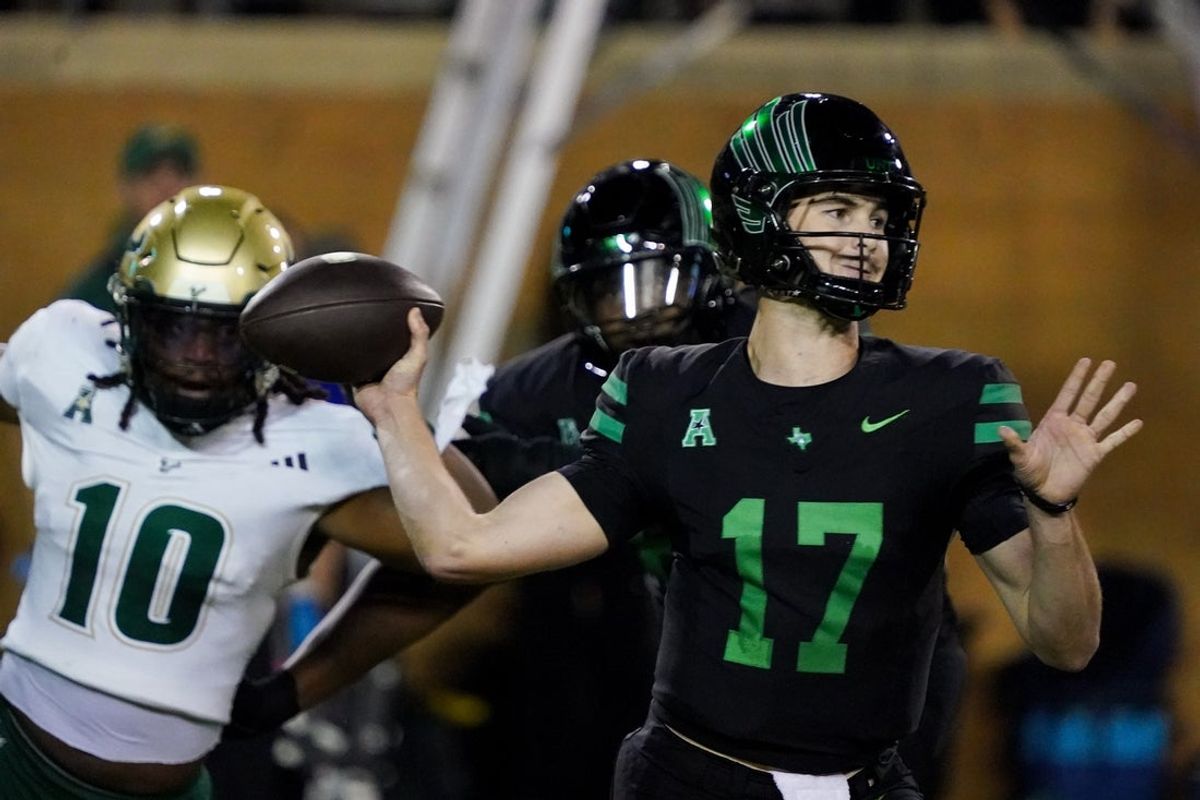 Oct 10, 2025; Denton, Texas, USA; North Texas Mean Green quarterback Drew Mestemaker (17) stands in the pocket against the South Florida Bulls during the second half of a game at DATCU Stadium. Mandatory Credit: Raymond Carlin III-Imagn Images