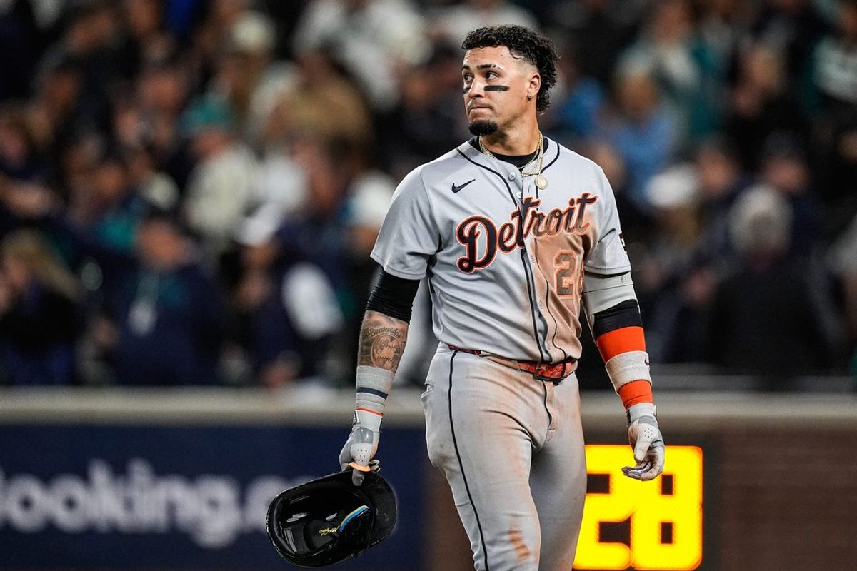 Tigers shortstop Javier Baez reacts after grounded out against Mariners during the 14th inning of ALDS Game 5 at T-Mobile Park in Seattle on Friday, Oct. 10, 2025.