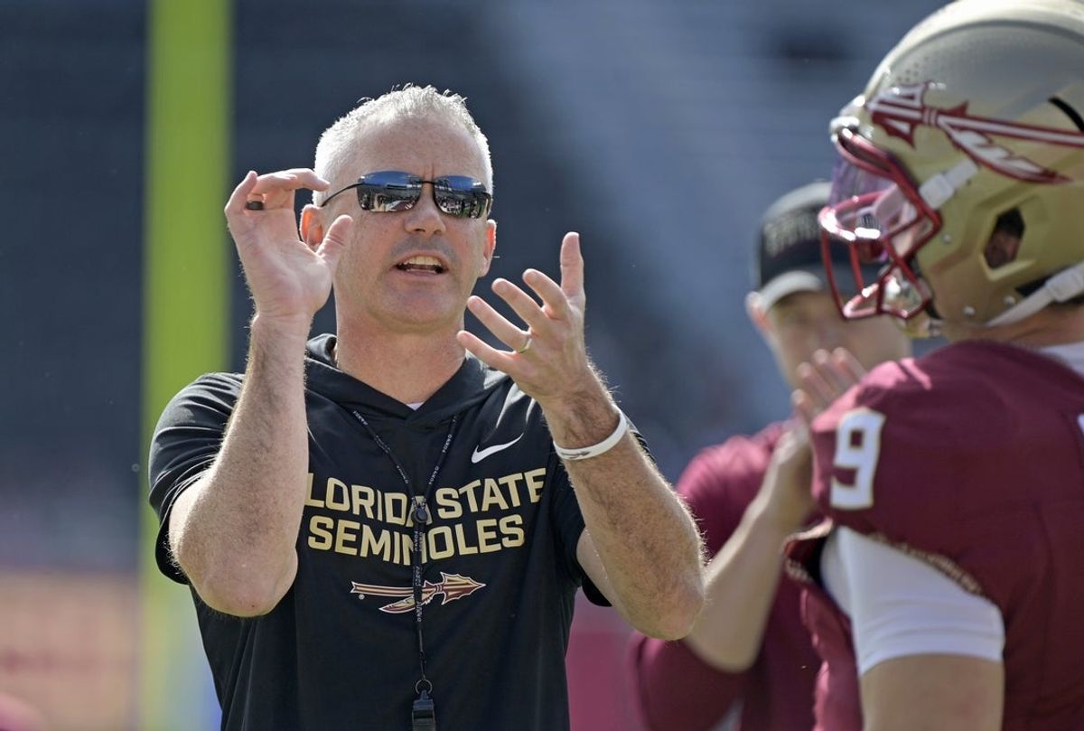 Oct 11, 2025; Tallahassee, Florida, USA; Florida State Seminoles head coach Mike Norvell before the game against the Pittsburgh Panthers at Doak S. Campbell Stadium. Mandatory Credit: Melina Myers-Imagn Images