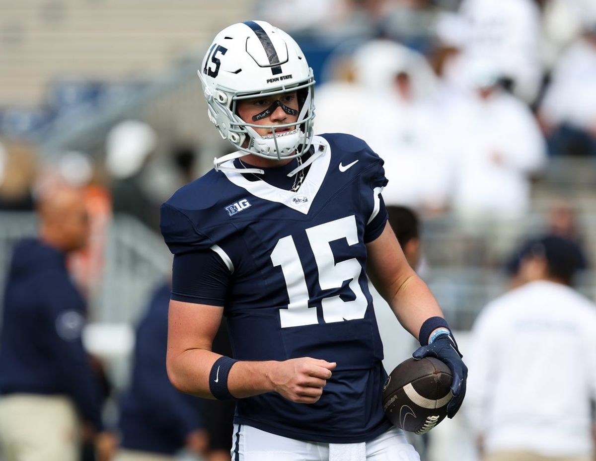 Oct 11, 2025; University Park, Pennsylvania, USA; Penn State Nittany Lions quarterback Drew Allar (15) stands on the field during a warmup prior to the game against the Northwestern Wildcats at Beaver Stadium. Mandatory Credit: Matthew O'Haren-Imagn Images