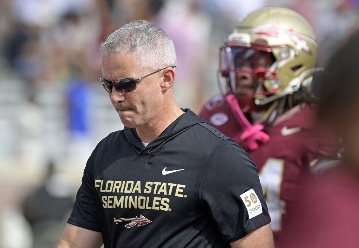 Oct 11, 2025; Tallahassee, Florida, USA; Florida State Seminoles head coach Mike Norvell after losing the game to the Pittsburgh Panthers at Doak S. Campbell Stadium. Mandatory Credit: Melina Myers-Imagn Images