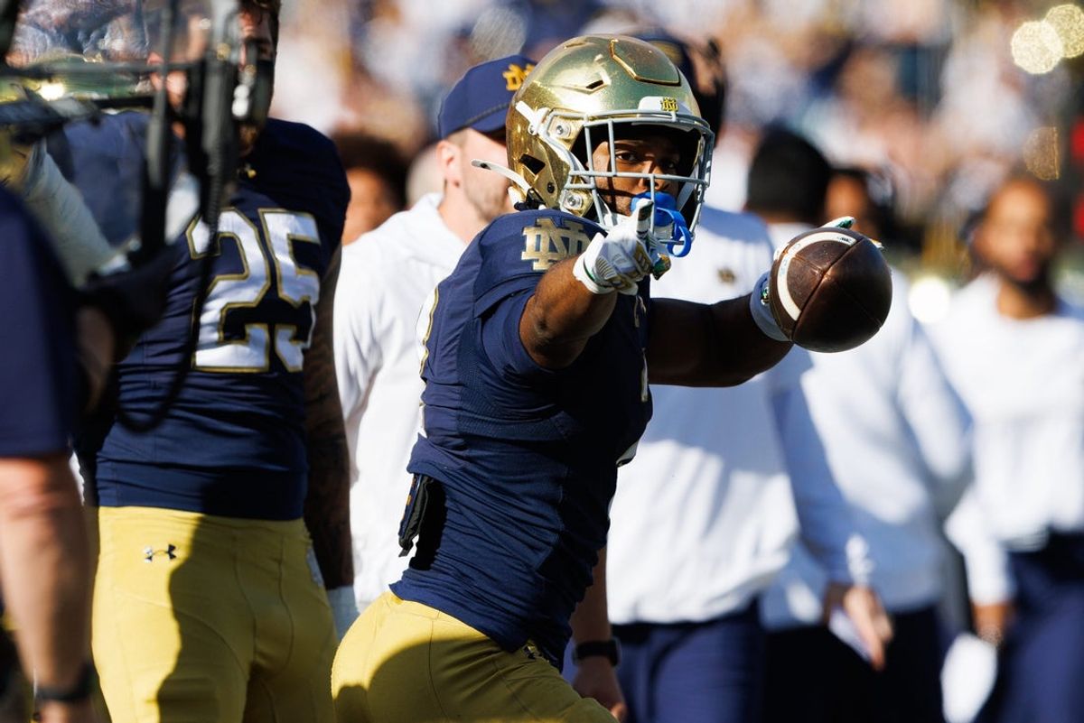 Notre Dame wide receiver Will Pauling celebrates after getting a first down in the first half of a NCAA football game against NC State at Notre Dame Stadium on Saturday, Oct. 11, 2025, in South Bend.
