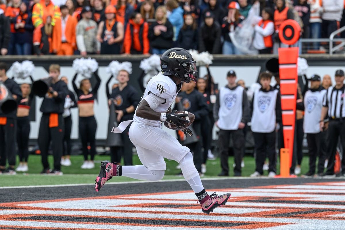Oct 11, 2025; Corvallis, Oregon, USA; Wake Forest Demon Deacons wide receiver Chris Barnes (10) catches a pass for a touchdown during the second quarter against the Oregon State Beavers at Reser Stadium. Mandatory Credit: Craig Strobeck-Imagn Images