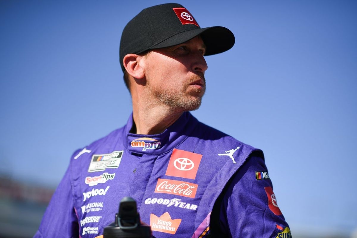 Oct 11, 2025; Las Vegas, Nevada, USA; NASCAR Cup Series driver Denny Hamlin (11) during qualifying for the South Point 400 at Las Vegas Motor Speedway. Mandatory Credit: Gary A. Vasquez-Imagn Images