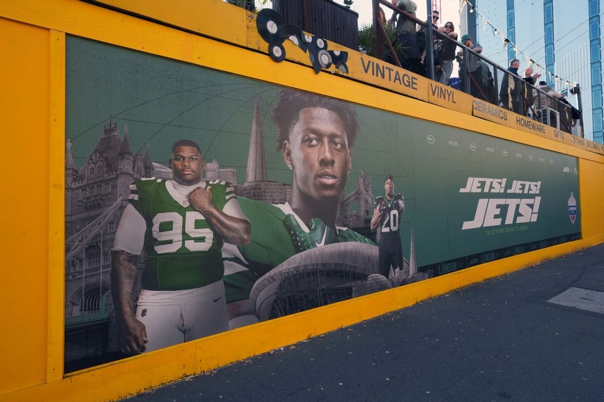 Oct 11, 2025; London, United Kingdom; A mural of New York Jets cornerback Sauce Gardner (1) and defensive tackle Quinnen Williams (95) at the Jets Touchdown Tailgate at Vinegar Yard. Mandatory Credit: Kirby Lee-Imagn Images