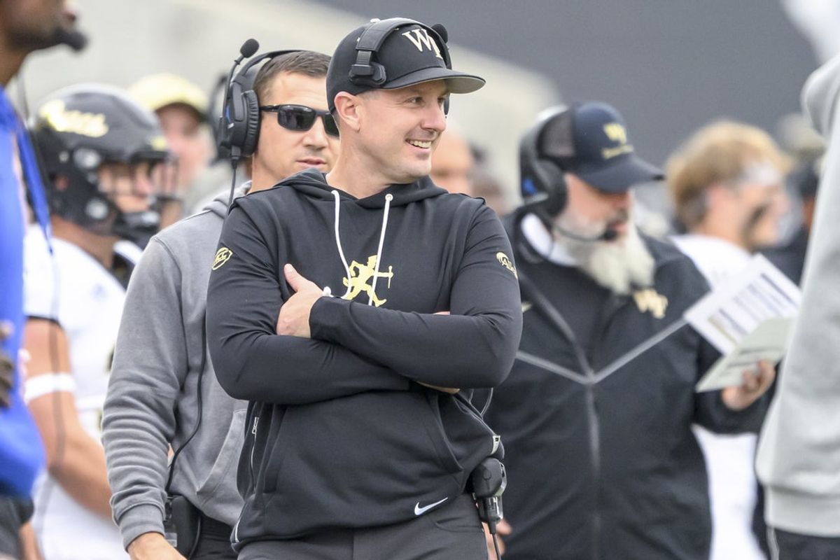 Oct 11, 2025; Corvallis, Oregon, USA; Wake Forest Demon Deacons head coach Jake Dickert smiles on the sideline during the second half against the Oregon State Beavers at Reser Stadium. Mandatory Credit: Craig Strobeck-Imagn Images