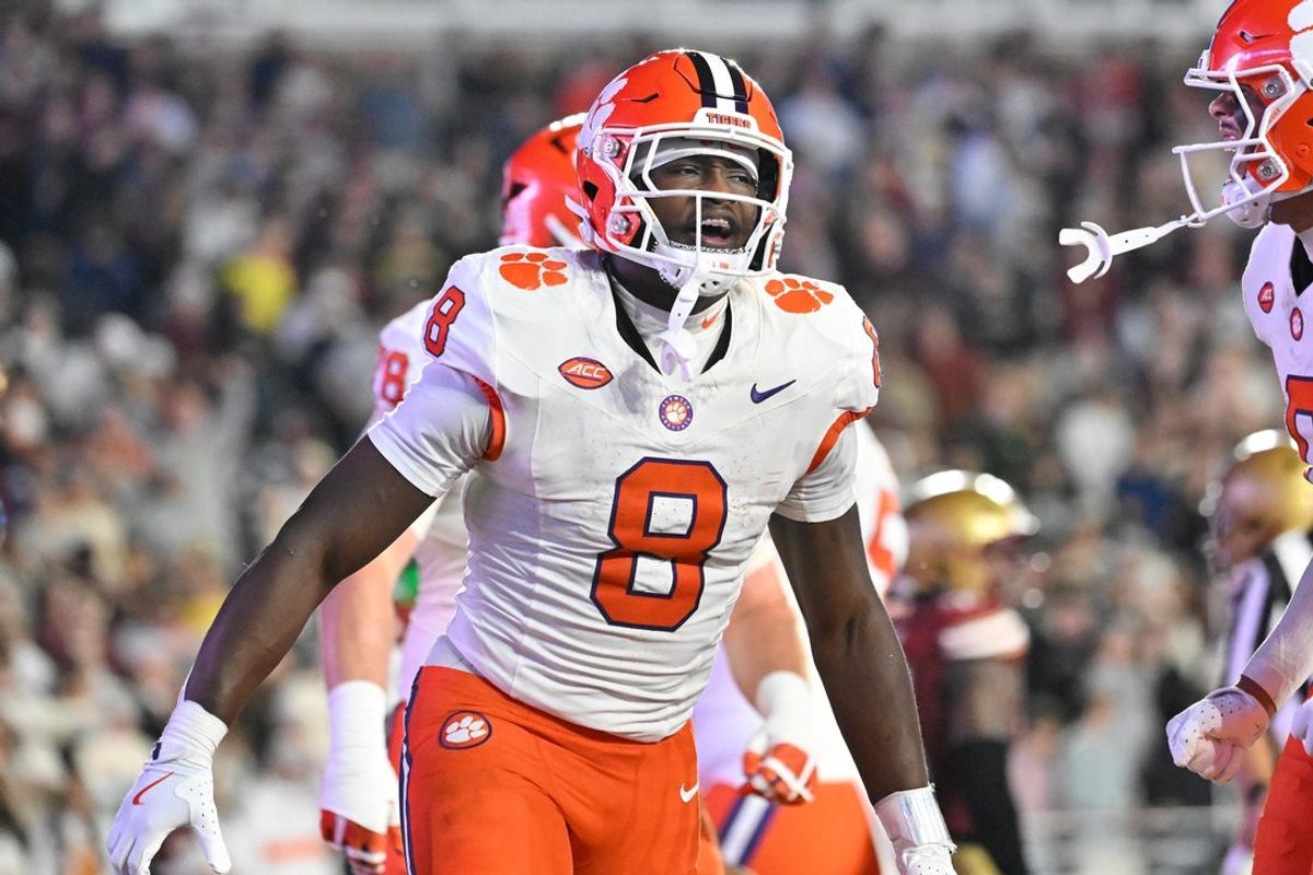Oct 11, 2025; Chestnut Hill, Massachusetts, USA; Clemson Tigers running back Adam Randall (8) reacts to his touchdown against the Boston College Eagles during the first half at Alumni Stadium. Mandatory Credit: Eric Canha-Imagn Images