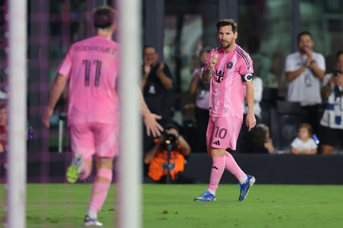 Oct 11, 2025; Fort Lauderdale, Florida, USA; Inter Miami CF forward Lionel Messi (10) celebrates with midfielder Baltasar Rodriguez (11) after scoring against Atlanta United during the first half at Chase Stadium. Mandatory Credit: Sam Navarro-Imagn Images