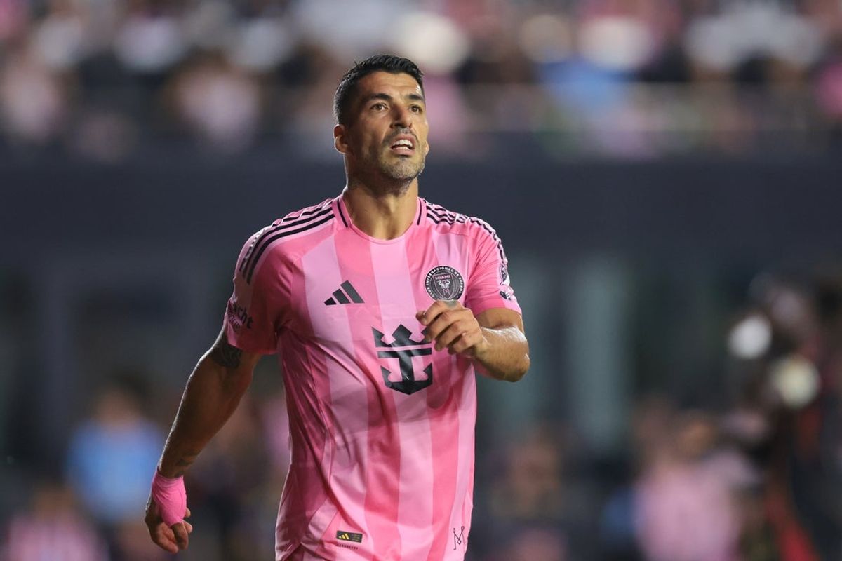 Oct 11, 2025; Fort Lauderdale, Florida, USA; Inter Miami CF forward Luis Suarez (9) looks on against Atlanta United during the first half at Chase Stadium. Mandatory Credit: Sam Navarro-Imagn Images