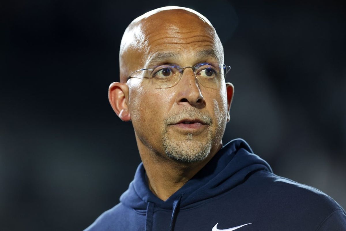 Oct 11, 2025; University Park, Pennsylvania, USA; Penn State Nittany Lions head coach James Franklin stands on the field following the game against the Northwestern Wildcats at Beaver Stadium. Mandatory Credit: Matthew O'Haren-Imagn Images