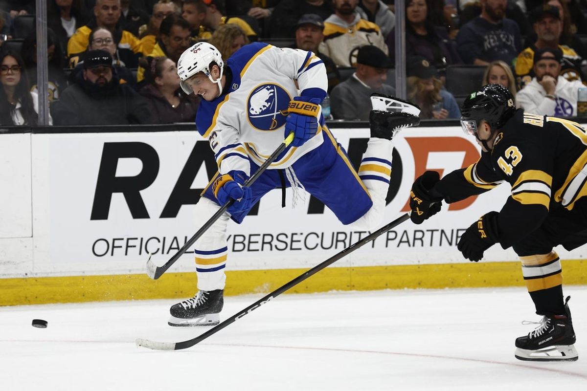Oct 11, 2025; Boston, Massachusetts, USA; Buffalo Sabres center Tage Thompson (72) lets a shot go past Boston Bruins defenseman Jordan Harris (43) during the second period at TD Garden. Mandatory Credit: Winslow Townson-Imagn Images