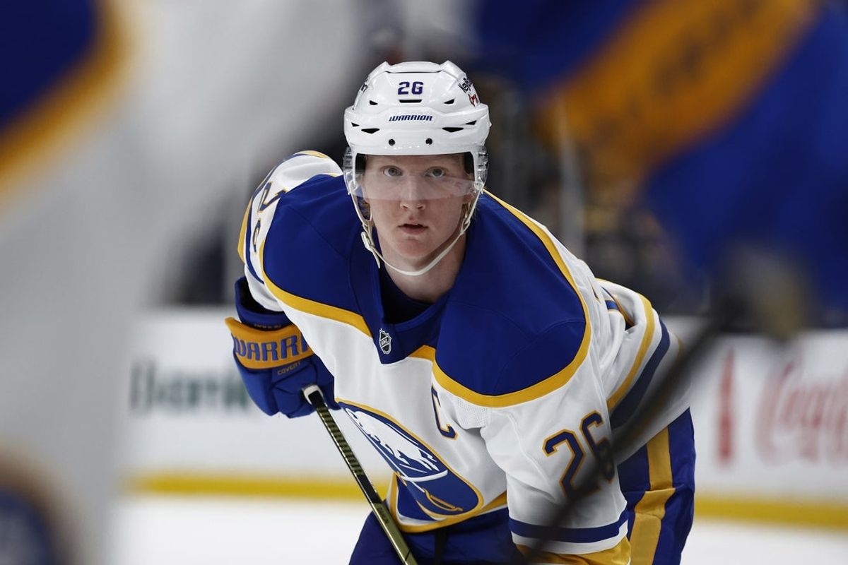 Oct 11, 2025; Boston, Massachusetts, USA; Buffalo Sabres defenseman Rasmus Dahlin (26) after a face off against the Boston Bruins during the second period at TD Garden. Mandatory Credit: Winslow Townson-Imagn Images