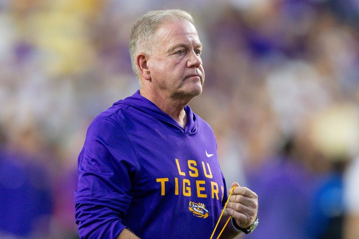 Oct 11, 2025; Baton Rouge, Louisiana, USA;  LSU Tigers head coach Brian Kelly looks on against the South Carolina Gamecocks during the first half at Tiger Stadium. Mandatory Credit: Stephen Lew-Imagn Images