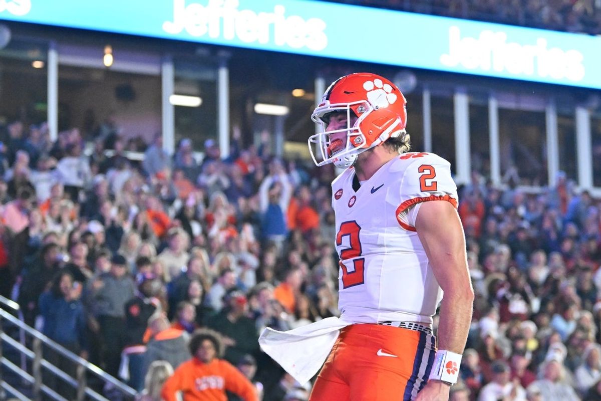 Oct 11, 2025; Chestnut Hill, Massachusetts, USA; Clemson Tigers quarterback Cade Klubnik (2) reacts to his touchdown against the Boston College Eagles during the first half at Alumni Stadium. Mandatory Credit: Eric Canha-Imagn Images