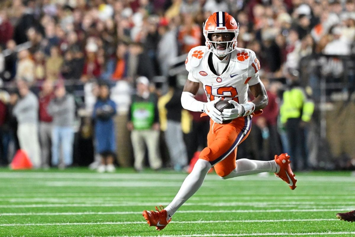 Oct 11, 2025; Chestnut Hill, Massachusetts, USA; Clemson Tigers wide receiver Bryant Wesco Jr. (12) runs with the ball during the first half against the Boston College Eagles at Alumni Stadium. Mandatory Credit: Eric Canha-Imagn Images
