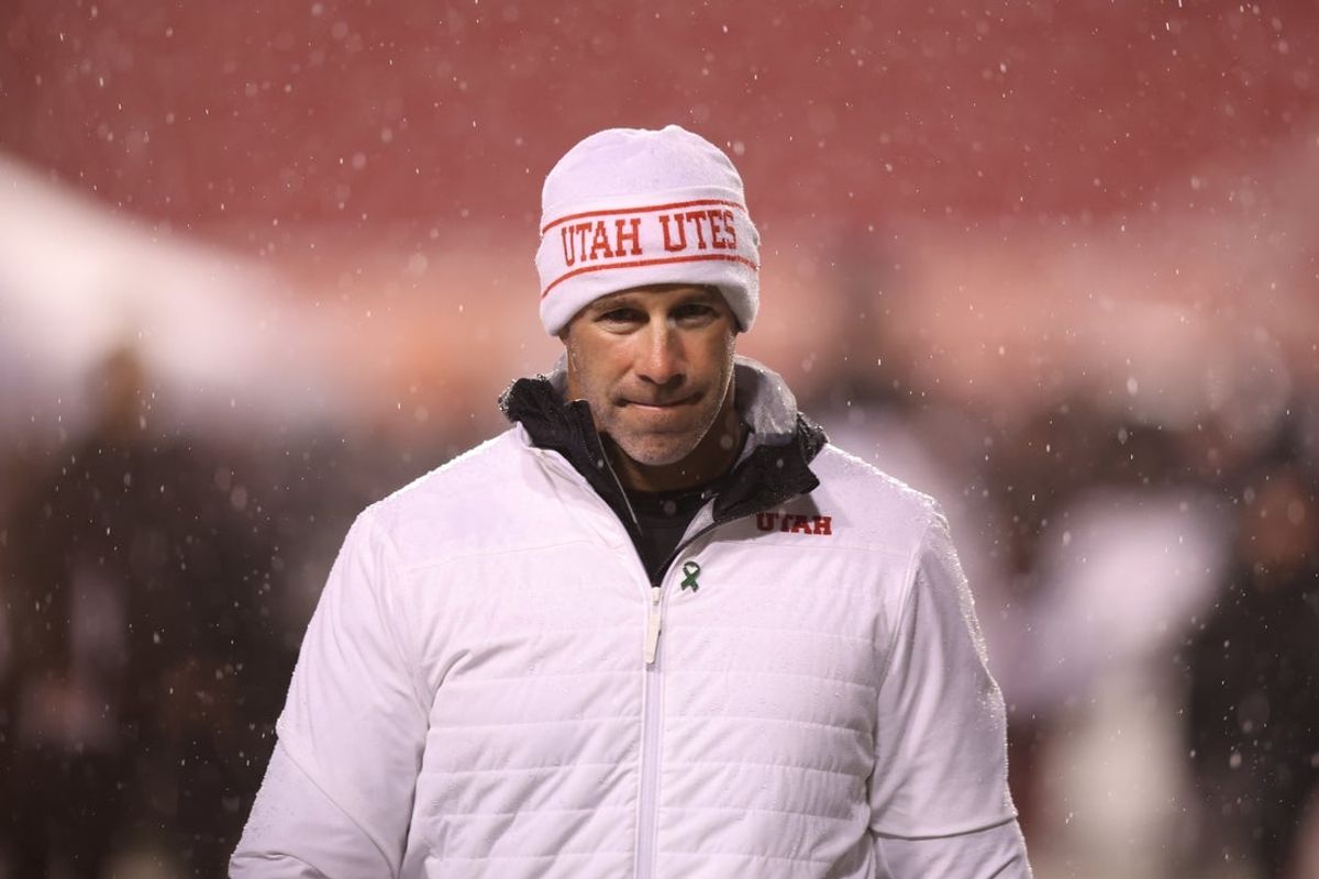 Oct 11, 2025; Salt Lake City, Utah, USA; Utah Utes defensive coordinator Morgan Scalley watches the team warm up before the game against the Arizona State Sun Devils at Rice-Eccles Stadium. Mandatory Credit: Rob Gray-Imagn Images