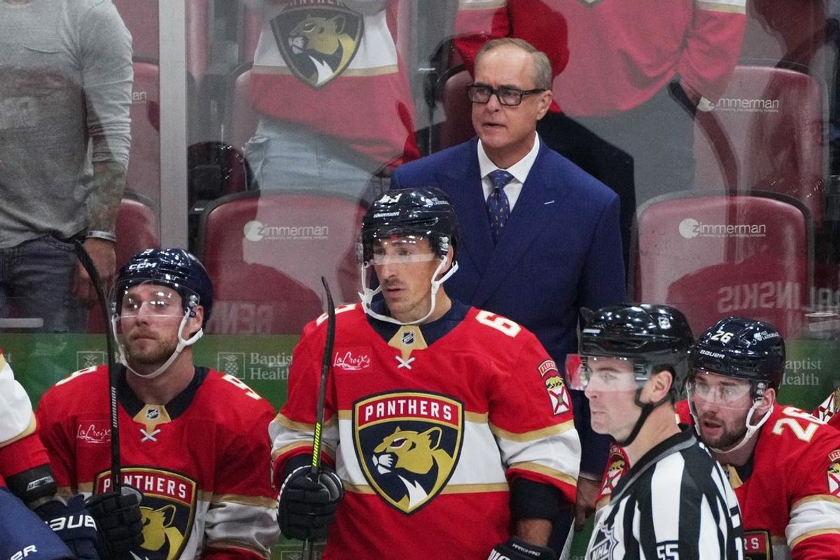 Oct 11, 2025; Sunrise, Florida, USA;  Florida Panthers head coach Paul Maurice looks on during the third period against the Ottawa Senators at Amerant Bank Arena. Mandatory Credit: Jim Rassol-Imagn Images
