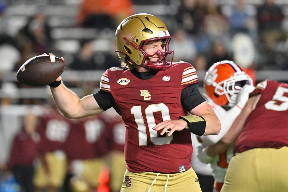 Oct 11, 2025; Chestnut Hill, Massachusetts, USA; Boston College Eagles quarterback Shaker Reisig (10) throws a pass during the second half against the Clemson Tigers at Alumni Stadium. Mandatory Credit: Eric Canha-Imagn Images