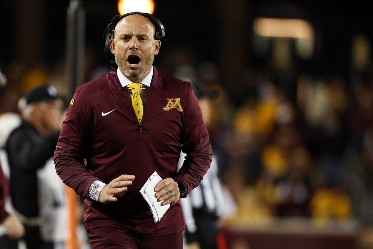 Oct 11, 2025; Minneapolis, Minnesota, USA; Minnesota Golden Gophers head coach P.J. Fleck reacts during the second half against the Purdue Boilermakers at Huntington Bank Stadium. Mandatory Credit: Matt Krohn-Imagn Images